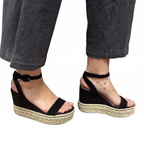 Steve Madden Black Espadrille Wedge Sandals Beaded & Sequins - Picture 2 of 8